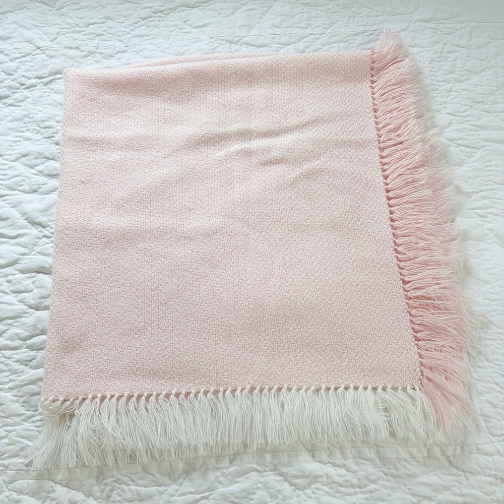 Vintage Feltman Bros Baby Blanket Pink Hand Loomed Soft Fringe Pink White READ - Picture 6 of 16